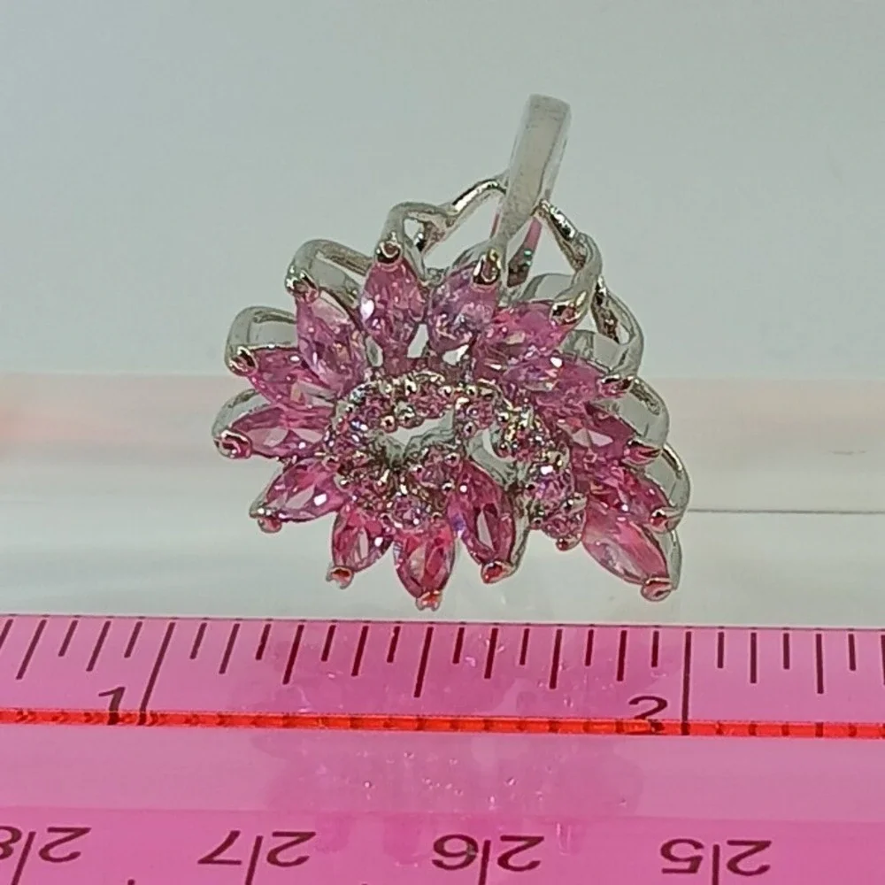 Vintage 1990s Pink Marquise Floral Swirl Cocktail Ring Silver Statement Size 8.5